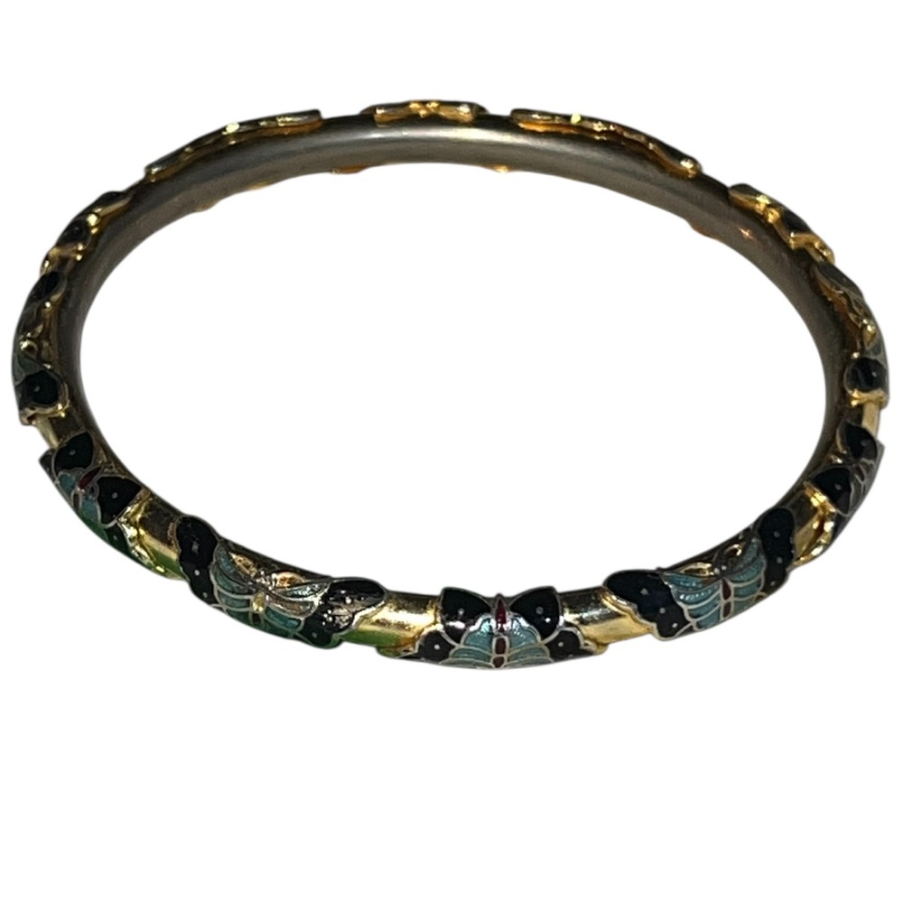 Vintage Gold Silver and Black Cloisonné Enamel Butterfly Bangle Bracelet
